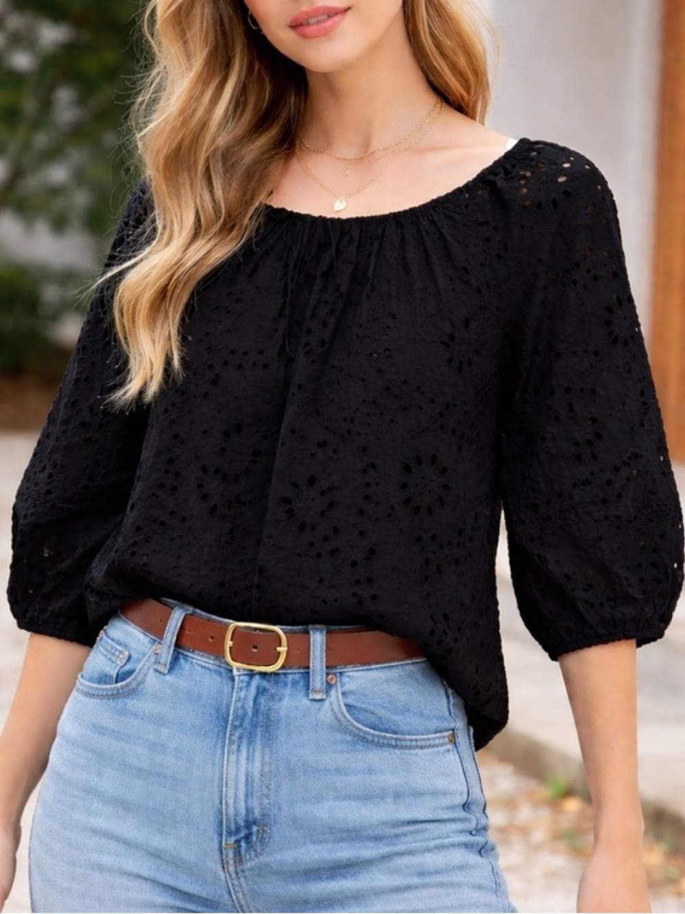 Zara Black Eyelet Blouse Size S Oversized Puff Sleeve Boho Top